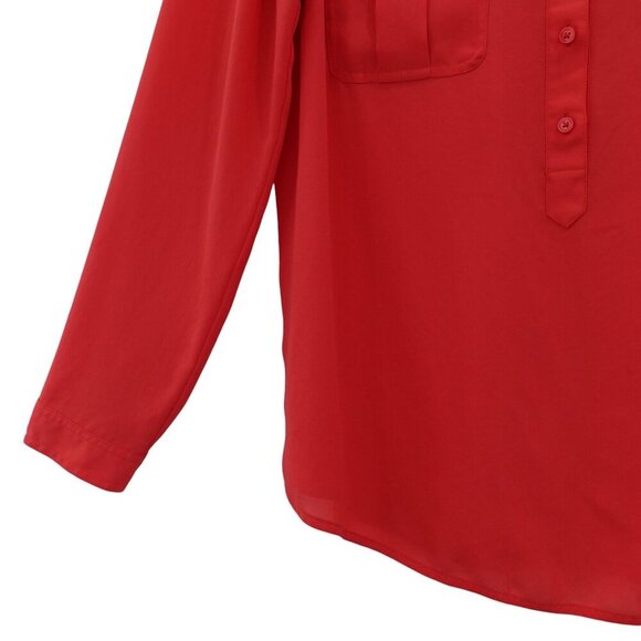 Ann Taylor LOFT Popover Blouse Sz L Red Button Up Long Sleeve Collared Pocket - Picture 3 of 11